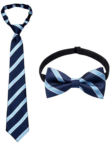 Fengek 2Pcs Boys Pre-Tied Tie & Bow Tie Set - Adjustable Stripe Necktie & Bowtie for Kids, School Uniform & Formal Wear (Blue)