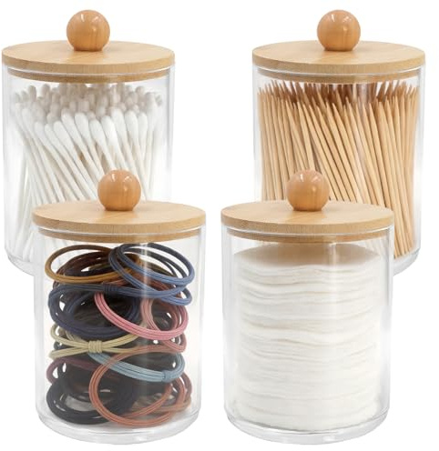 Esxiaze 4 Stück Acryl Wattestäbchen Behälter, Wattepads Aufbewahrung mit Bambus Deckeln Qtip Behälter Wattepads Box für Beauty-Ei, Zahnseide, Tampon, Süßigkeiten, Schreibwaren, Schmuckstück