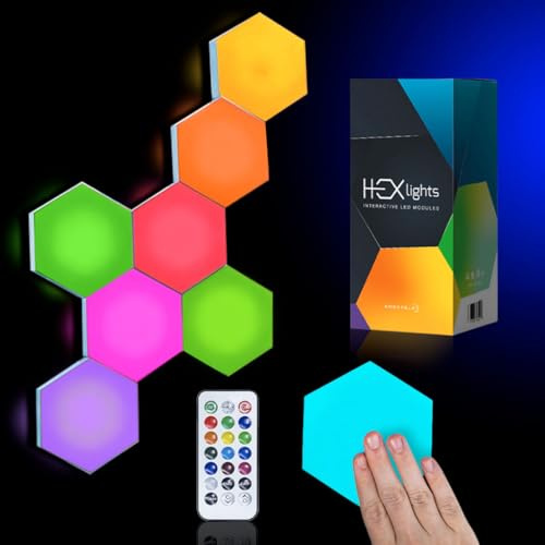 Emberela HEXlights Sensory Lights, Tap Tap & Remote Control Hexagon LED Lights — 13 Colors, 7pk, Elevate Your Space with These Premium Hexagon Wall Panels — Great for Sensory Room & for Bedroom