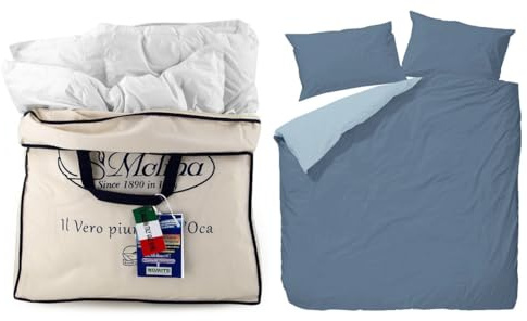 Molina Piumino Matrimoniale Perla 250x220 – 100% Piuma d’Oca Vergine Siberiana – 5 Punti Calore, Anallergico, Invernale Premium Made in Italy + copripiumino double-face var. (Polvere/BLU)