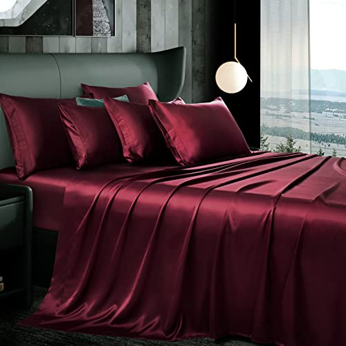 Manyshofu 7 st rödbruna satinlakan queen size silkeslena satinlakan, lyxiga och mjuka satinbäddset – 1 satinlakan, 1 platt lakan, 4 satinörngott + 1 satinörngott + 1 satinörngott