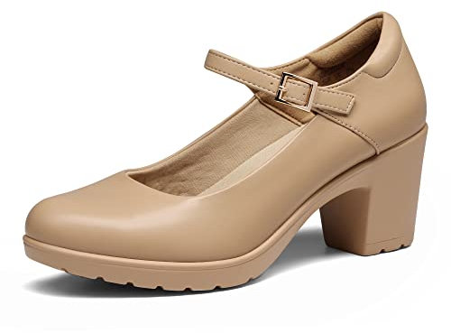 DREAM PAIRS Dame Mary Janes Pumps Chunky High Heel Kleid Schuhe Dicker Absatz Pumps für Damen,Size 40,Nackt,SDPU2231W-E