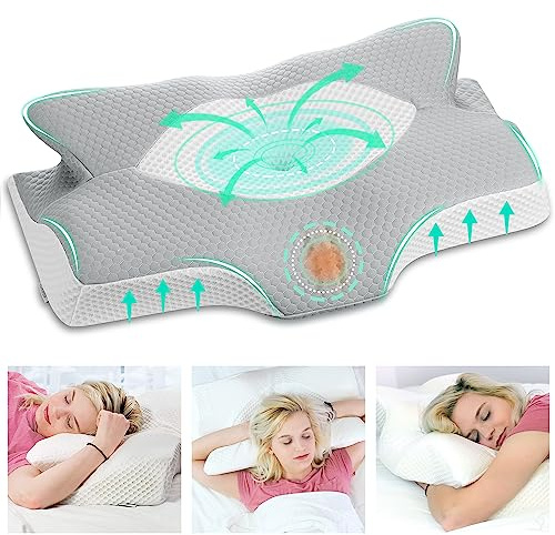 Elviros Cuscino in Memory Foam Ortopedico Cervicale per Dolore al Collo Cuscino Ergonomico per Dolore alla Spalla Cuscino di Sostegno del Collo, Grigio Argento, 64 x 12.5/10.5 x 38 cm