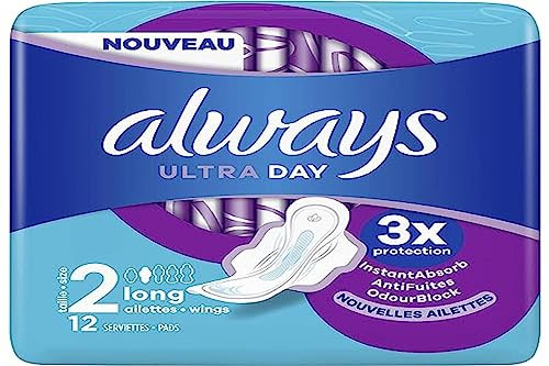 Always Ultra Serviettes Hygiéniques, Taille 2, Long, 12 Serviettes Avec Ailettes, Flux Modérés Jour, Max Confort, Super Absorbantes et Ultra Fines