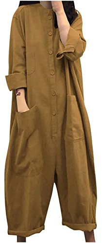 DianD Linen Jumpsuits for Women UK Long Sleeve Elegant Baggy Jumpsuit Loose Button Down Rompers Wide Leg Overalls Harem Pants Solid Ladies Dungarees Plus Size Women Jumpsuits & Playsuits with Pockets