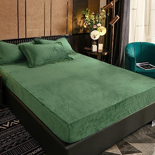 Luofanfei Winter Warme Spannbettlaken 120x200cm Boxspringbett Samt Grün Salbeigrün Warm Kuschel Frottee Bettlaken Biber Spannbetttuch Uni Muster Spannbetttücher für Hohe Matratze Steghöhe 25-30cm