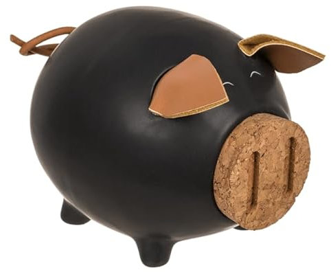 Tirelire cochon en céramique avec oreilles et lapin. Tirelire originale avec bouchon en liège au museau. (Noir)