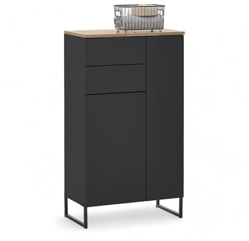 Stella Trading Denver Badezimmer Kommode in Schwarz/Evoke Eiche Optik FSC-Zertifiziert - Badezimmerschrank Bad Schrank mit viel Stauraum - 60 x 106 x 32 cm (B/H/T)