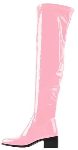 MissHeel Low Heel Thigh High Boots for Women Pink Tall Boots Chunky Heel Slim Calf Size 13