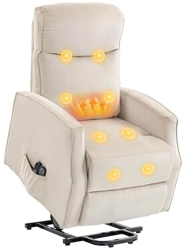 HOMCOM Poltrona Elettrica Alzapersona Reclinabile 135°, Poltrona Relax Elettrica in Poliestere con 2 Telecomandi, Poggiapiedi, 8 Punti Massaggio e Tasche Laterali, Crema