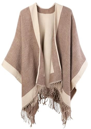 Danfiki Poncho de punto reversible para mujer, bufanda de hombro cálida, bufanda de punto, abrigo para primavera y otoño, café, Talla única