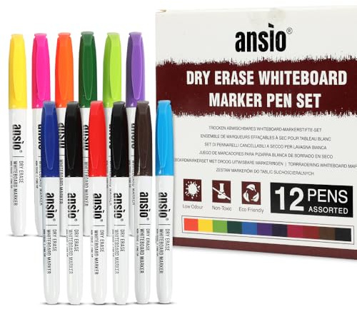 ANSIO Whiteboard Pens Pack of 12, Assorted Colours, Fine Tip Markers | Smooth writing, Quick dry ink, Easy wipe-off design for Whiteboard