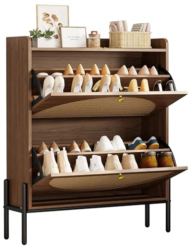 IRONCK Shoe Cabinet Storage with 2 Flip Drawers, Free Standing Wooden Shoe Storage Organizer Cabinet with Rattan Doors for Entryway, Narrow Shoe Rack Cabinet, Walnut