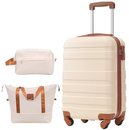 Merax 3-teiliges Gepäckset, Hartschalenkoffer M mit 4 Rollen, ABS-Material, TSA-Schloss, inkl. 1 Reisetasche und 1 Kulturbeutel, Beige