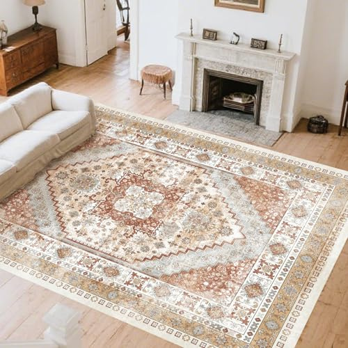 VEVOR Area Rug, 8 x 10 ft Large Washable Rug, Non-Slip and Tear-Resistant Soft Carpet, Pet & Child Friendly Vintage Area Rugs, Indoor Mat for Bedroom, Living Room, Kids Room, Office, Brown Red