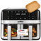 Grafner XXL Digitale Heißluftfritteuse 2 Kammern, 9 L (2x 4,5L), 100x Backpapier, Sync- und Dual-Funktion, Shake-Reminder, 8 Programme, 2400 Watt, Edelstahl Dual Air fryer Doppelkammer Sichtfenster