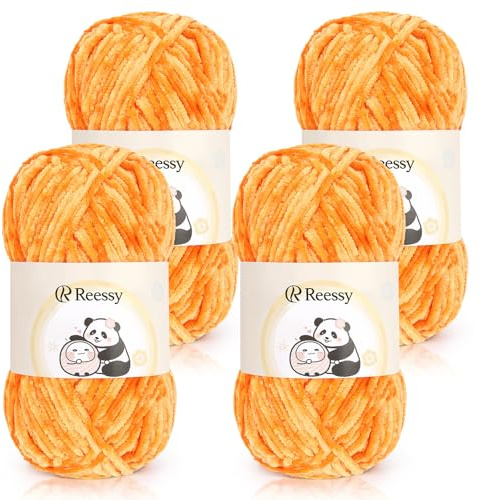 Reessy Chenille Yarn 400g, Super Soft Chunky Wool for Knitting-Orange | Thick Velvet Chenille Wool for Knitting 100g balls, Chunky Crochet Yarn for Crochet Blanket, Amigurumi, Handbag, DIY Crafts