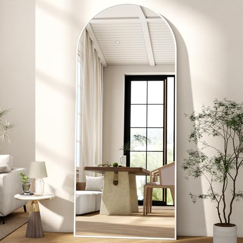 BEAUTYPEAK Espejo de cuerpo entero con soporte para dormitorio, salón o vestidor, 165 x 60 cm, arco para colgar o inclinarse en la pared, color blanco