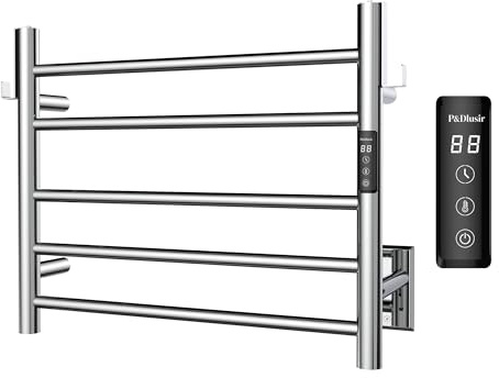P&Dlusir Towel Warmer, Heated Towel Rack with Smart Timer and Thermo Control, Wall-Mounted Heated Towel Rail, Stainless Steel, Hard-Wired/Plug-in, Polished, 5 bar