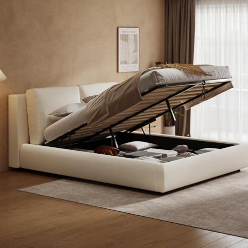 Sweiko Lit Double rembourré 180 x 200 cm, lit à Fonction hydraulique avec sommier à Lattes, tête de lit et Espace de Rangement généreux, Tissu éponge Beige