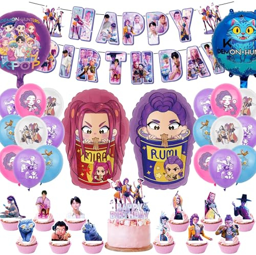 Hunters Merch - 46 decorazioni per compleanno, con striscioni Happy Birthday, palloncini con lettere e decorazioni per torte Demon e fan
