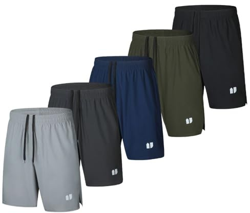 Bsrpolry Paquete de 5 pantalones cortos de correr para hombre, de secado rápido, pantalones cortos deportivos con bolsillos y cintura elástica, Negro, verde, azul marino, gris oscuro, gris claro, 4XL