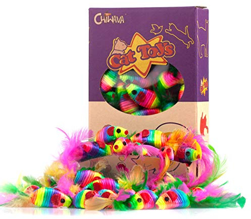 CHIWAVA 24PCS 5 Rattle Cat Toys Mice with Feathers Rainbow Rope Mouse Kitten Interactive Toy Assorted Color