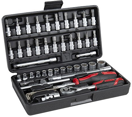 STIER Steckschlüssel-Satz, 48-teilig, 1/4 Zoll, Umschaltknarre, Vierkant-Steckschlüsseleinsatz, Torx- Schlitz- Phillips- Pozidrive- Bit-Steckschlüsseleinsätze, Kunststoffbox