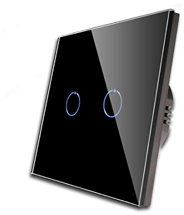 CNBINGO Interrupteur Double, interrupteur tactile Noir, avec panneau de verre du système tactile et LED d'état, le conducteur neutre n'est pas requis, 2 voies 1 pôle, AC 240 V, 500 W/voies