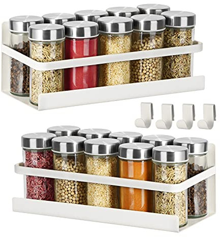 Magnetic Spice Rack 2 Pack Refrigerator Shelf Seasoning Organizer W/ 4 Hooks Metal Storage Rack Fridge Side Wall Mount Spice Stand Jar Holder Utensils Towel Shelves Home Kitchen Organization - White