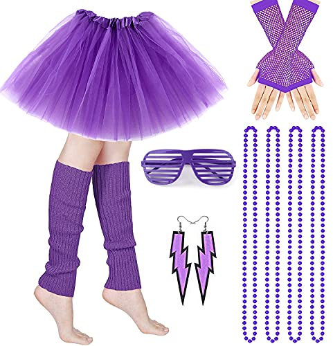 M MUNCASO 80s Fancy Dress Costume, 1980s Fancy Party Costume Set Adulti Gonna Tutu con Scaldamuscoli Guanti a rete Collane Neon Occhiali da sole perline per 80s Retro Party (viola)