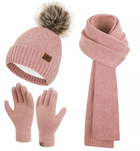 Bequemer Laden Mujer Invierno Gorro Beanie Pompon Bufanda Larga Guantes Tactiles Conjunto Tejido Gorros con Forro Polar Termico, Rosa