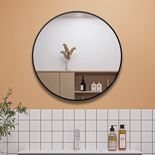 Aica Sanitär Spiegel Rund 80 cm Schwarz mit Aluminiumrahmen Wandspiegel klein HD Glas für Badezimmer, Flur, Wohnzimmer, Gäste WC, Ankleidezimmer Schminkspiegel