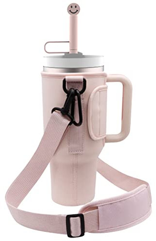 Wasserflaschenhalter Tasche für Stanley Tumbler, Tragetasche für Stanley Cup Tasche, mit Strohhalm-Abdeckung, Verstellbarer Schultergurt Karabiner, für Reisen Zum Wandern Laufen (40 OZ, Roségold)