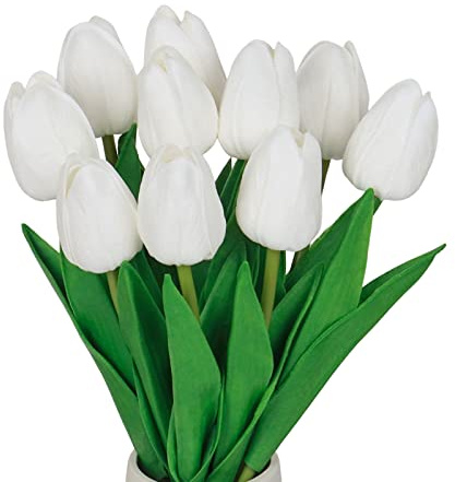 VaryFloral 10pcs Tulips Artificial Flowers White Tulips Real Touch PU Latex Fake Bouquet Decorative Artificial Flowers for Decoration Party Room Home Hotel Garden Bridal Wedding Bouquet DIY