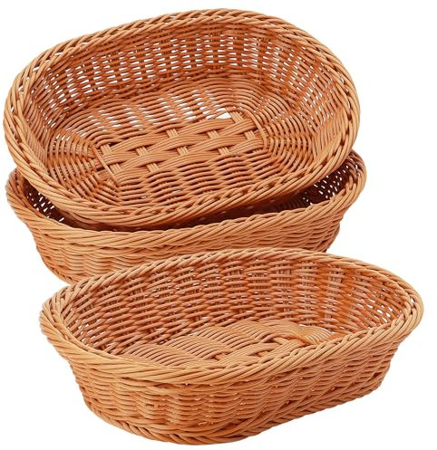 JAPCHET 3 PCS Oval Wicker Food Basket, 30 x 20 x 7cm Imitation Rattan, for Fruit, Bread, Vegetables