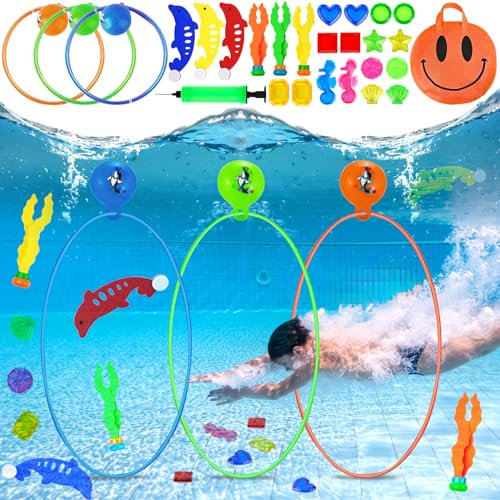 ZHHGOO Tauchspielzeug,27 Stücke Pool Spielzeug mit Aufbewahrungstasche,Kinder Outdoor Tauchringe,Tauchtraining Poolparty Schwimmbad Spielzeug,5-12 Jahre Schwimmbad Wasserspielzeug