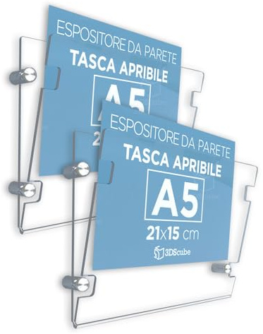 n.2 PEZZI Espositore in plexiglass da parete a tasca apribile, porta avvisi e depliant formato A5 orizzontale 21x15 cm, con distanziali in alluminio spazzolato, per annunci, locandine, orari negozi