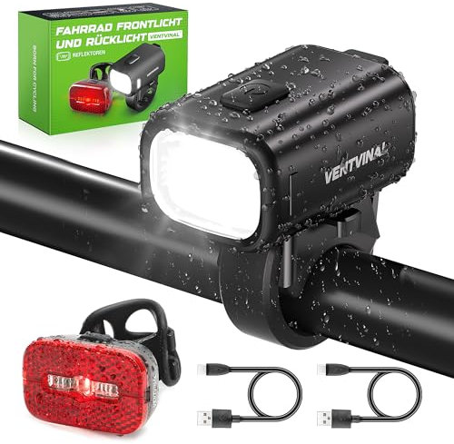 VENTVINAL Set di luci per bicicletta ricaricabili USB, Stvzo, omologato per bicicletta, fanale posteriore anteriore e bicicletta, con riflettore, 3 modalità di illuminazione, batteria di richiesta