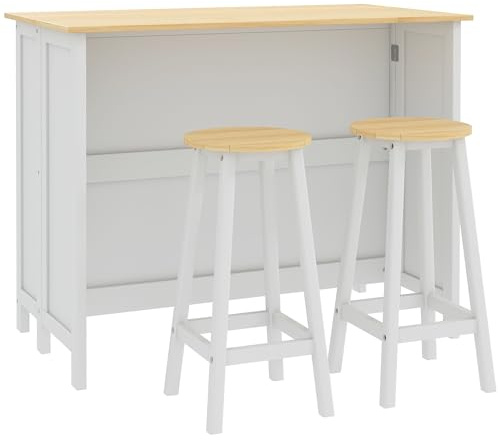 HOMCOM Îlot Central de Cuisine 2 Tabourets 2 Armoires Rangement Blanc | Ensemble Table et Tabouret de Bar, Plan de Travail Rabattable, 4 Portes, Design Moderne