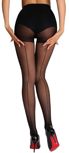 HONENNA Back Seam Pantyhose for Women Black Sheer Tights with Line Down Back Control Top Stockings