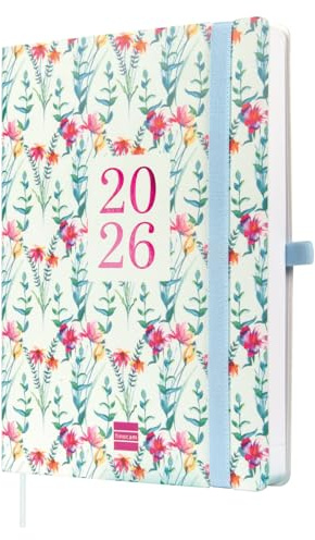 Finocam – Agenda 2026 1 Jour par page | Janvier – Décembre (12 mois) | Agenda A5 avec élastique et signet en ruban tissé | Couverture souple Capri – Happy – International