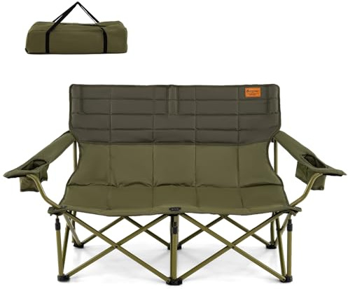 COSTWAY Campingstol för 2 personer, hopfällbar stol med justerbara armstöd, mugghållare och bärväska, 272 kg lastkapacitet, campingbänk, hopfällbar, hopfällbar bänk, fiskestol för camping, picknick