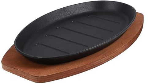 GALPADA Sizzling Platter Cast Iron Grill Plate with Wooden Base 12 Inches Authentic Grill Marks Multipurpose Sizzling Plate for Indoor and Outdoor Barbecue