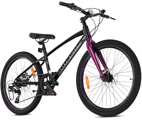 Tatra Bikes Bicicleta Infantil 24 Pulgadas, Bici para niños con Cuadro de Aluminio, 7 Cambios, Frenos de Disco, Timbre, reposapiés, reflectores (Negro Violeta)