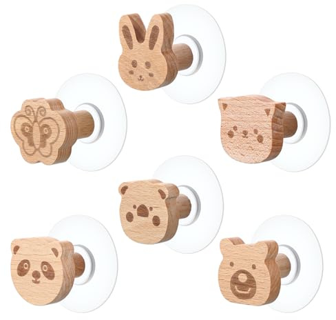 DOPENSPI 6PCS Adhesive Cartoon Animal Wooden Wall Hooks, Cute Non-Perforated Coat Hangers Strong Adhesive Decorative Hooks for Boys and Girls Room Bathroom Kitchen Bedroom Wall Towel Holder