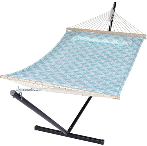 Amaca doppia per 2 persone, extra large, in tela di cotone, con imbottitura trapuntata reversibile e barre in legno duro, amaca da campeggio con telaio pieghevole in acciaio per patio, portico