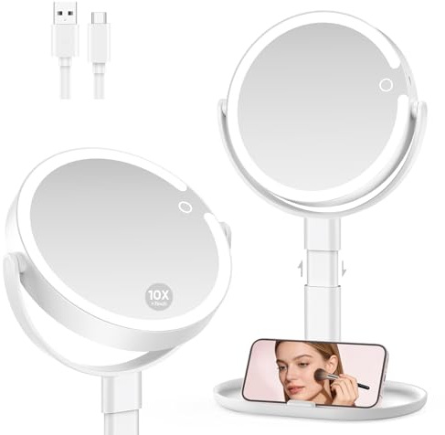 GONOBLE Lighted Makeup Mirror with 10X Magnification, Rechargeable LED Magnifying Vanity Mirror with 3 Lights, Adjustable Height, Storage Base and Phone Holder, White, 7 inch