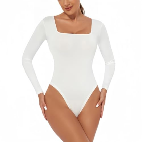 RuiChy Body de Manga Larga para Mujer, Sexy con Cuello Cuadrado Informal Leotardo Tops Tanga elástico Traje básico para el Cuerpo Mono Ajustado Ropa de Club Ropa Interior(blanco/L)