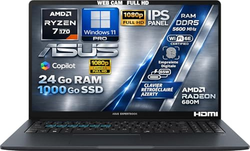 ASUS Ordinateur Portable AMD Ryzen 7 170 4.75Ghz, RAM 24Go DDR5, SSD 1To, Écran 15.6 FHD IPS, WiFi6E, CAM 1080p, Port Ethernet, Copilot IA, Clavier AZERTY Rétroéclairé, Empreinte Digitale, Win11 Pro